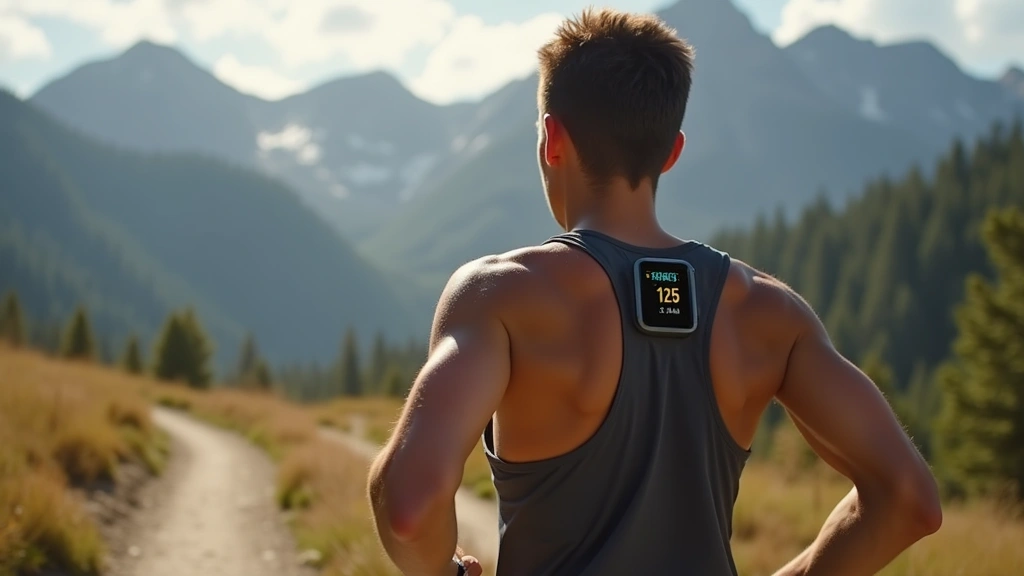 Athlete wearing advanced smartwatch during outdoor trail run with mountain landscape background showing real-world fitness tracking usage with natural sunlight illuminating device display
