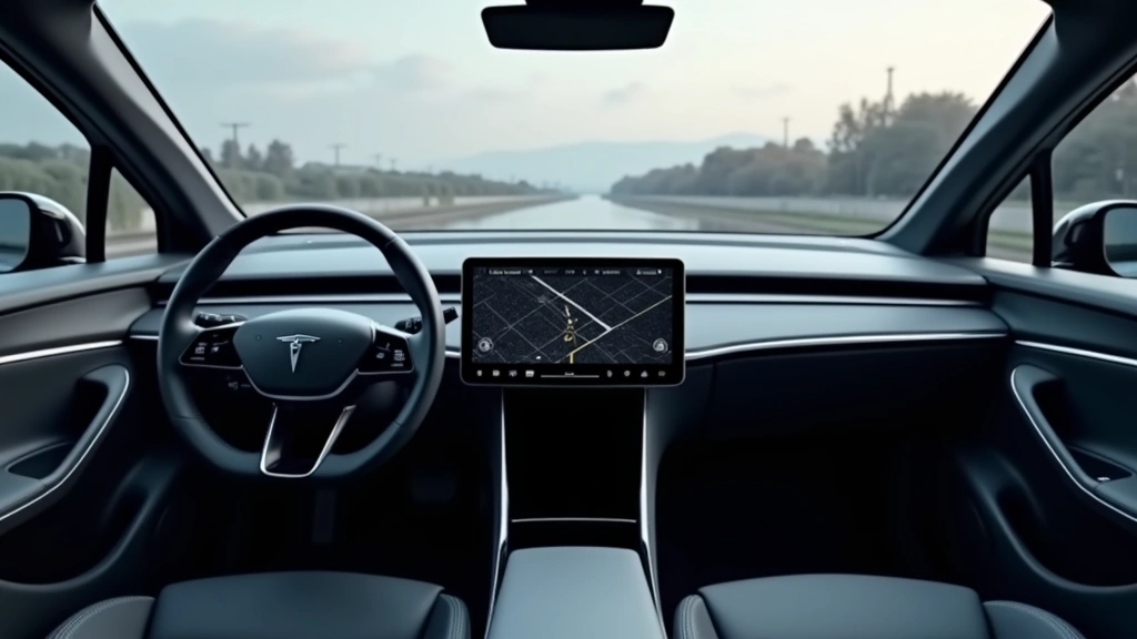 Sleek electric sedan dashboard with curved OLED display showing navigation interface, modern minimalist design, soft ambient lighting, photorealistic interior photography