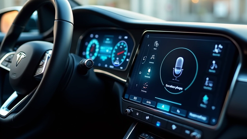 Futuristic car infotainment system with touchscreen controls displaying AI features, voice recognition visualizations, premium automotive technology showcase