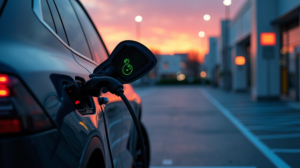 Electric vehicle charging at fast-charging station at dusk, glowing LED indicator lights, modern infrastructure, photorealistic outdoor automotive photography