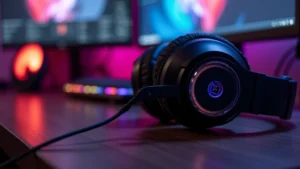 Professional gaming headset on wooden desk with RGB lighting, dramatic side lighting, shallow depth of field, no text visible