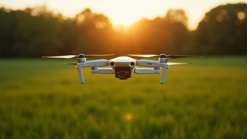 DJI Mini drone hovering above green grass field with trees in background, golden hour sunlight, cinematic aerial perspective, no labels