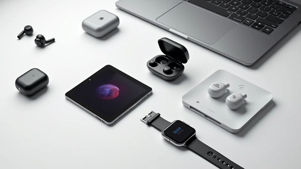 Professional product photography of premium wireless earbuds, portable power station, smart display, smartwatch, and mechanical keyboard arranged on a clean white surface with soft shadow
