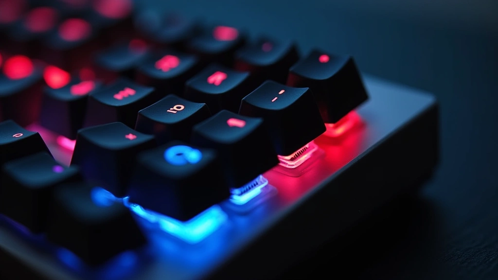 Close-up detail shot of mechanical keyboard with RGB backlighting showing switch mechanisms and premium aluminum construction with shallow depth of field