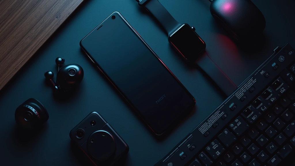 Overhead flat lay arrangement featuring all five tech gadgets—earbuds, power station, smart display, smartwatch, and keyboard—artfully arranged on dark textured background with subtle ambient lighting