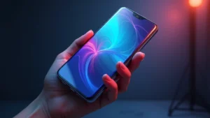 Professional photography of latest flagship smartphone displaying vibrant 6.8-inch AMOLED display with 120Hz refresh rate, held at angle showing sleek metallic frame design and premium glass back, studio lighting emphasizing modern industrial aesthetic