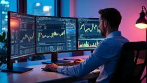Professional tech journalist working at modern desk with multiple monitors displaying cryptocurrency charts, tech news feeds, and notification panels simultaneously