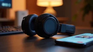 High-quality over-ear headphones resting on a sleek minimalist desk with a smartphone displaying a podcast app interface nearby, warm studio lighting, professional tech setup aesthetic