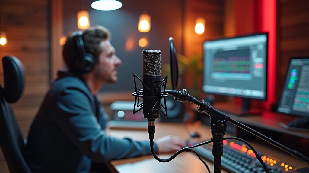 Modern podcast microphone setup with professional acoustic treatment, mixing console, and recording equipment in a bright tech studio, showing podcast production technology