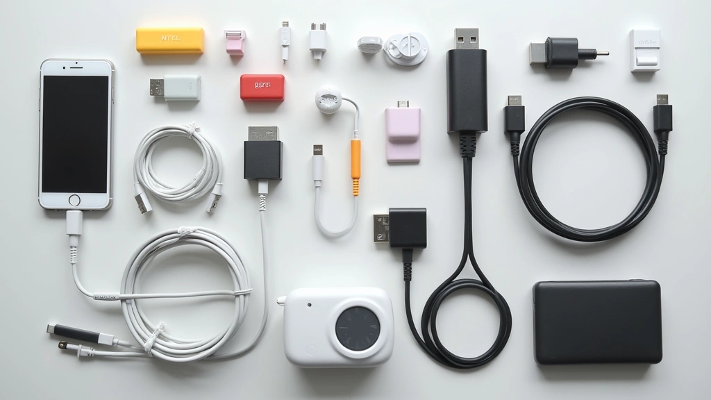 Flat lay overhead of organized tech cables, USB adapters, and small electronics neatly arranged with color-coded labels, professional lighting on neutral background