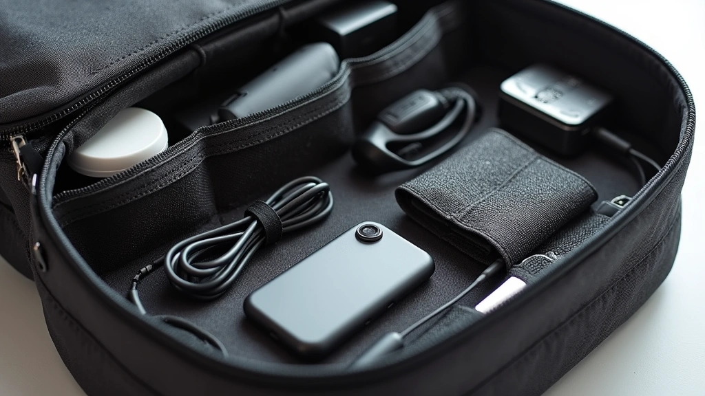 Close-up detail of premium tech pouch interior showing elastic cable organizers, mesh pockets, microfiber lining, and compartments filled with various gadgets and accessories