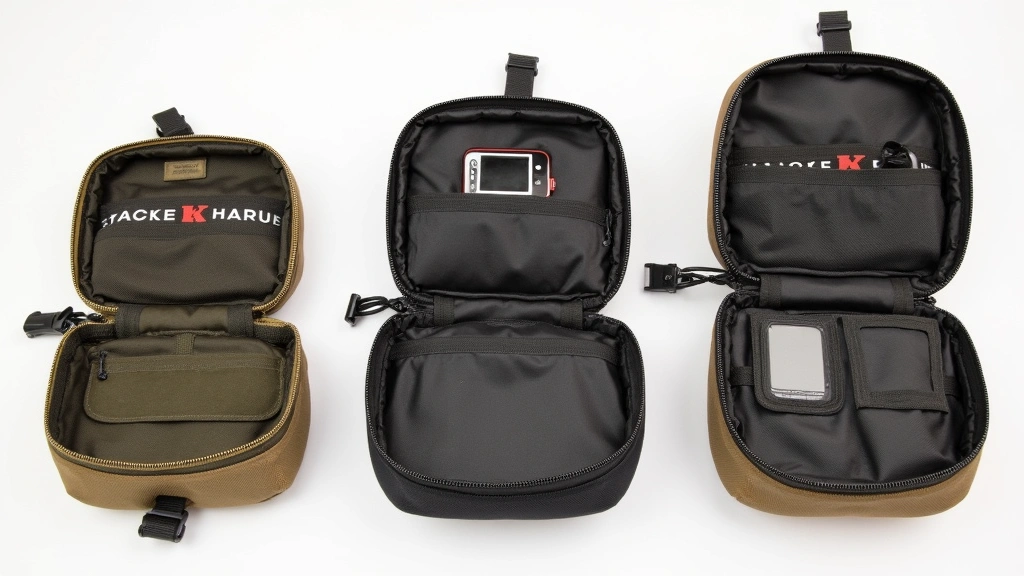 Side-by-side comparison of three different sized tech pouches from compact to large, displayed open to show internal organization systems and padding materials