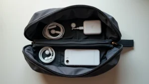 Flatlay overhead view of organized tech pouch interior showing cables, chargers, smartphone, and earbuds neatly arranged in compartments with soft neutral lighting