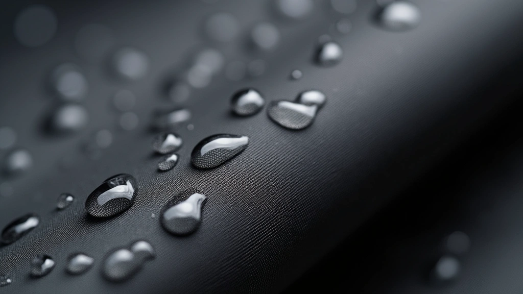 Close-up detail of premium ballistic nylon fabric texture with water droplets beading on surface, showing material quality and water resistance properties
