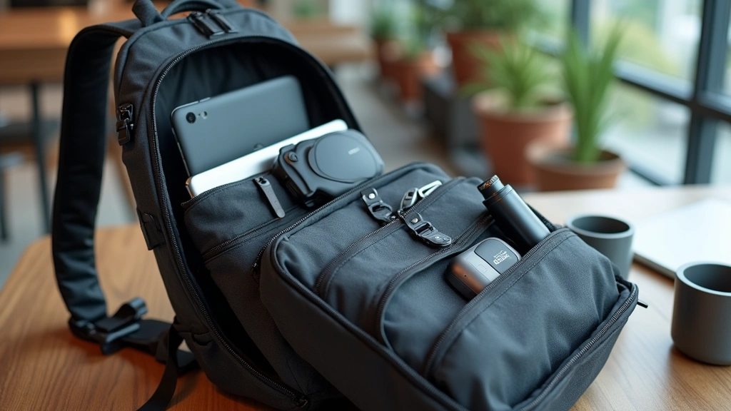 Travel scene showing tech pouch packed inside backpack alongside laptop and travel accessories, demonstrating real-world usage and portability in modern workspace