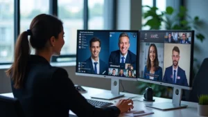 Modern tech recruiter in professional office conducting video interview with candidate, multiple monitors showing candidate profiles and job descriptions, bright workspace with tech company logos visible in background
