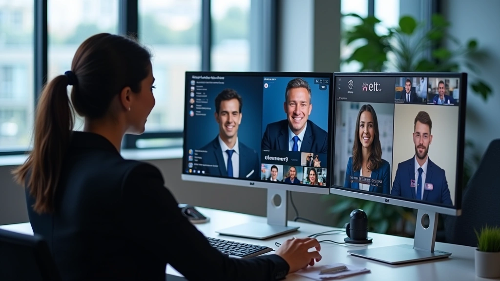 Modern tech recruiter in professional office conducting video interview with candidate, multiple monitors showing candidate profiles and job descriptions, bright workspace with tech company logos visible in background