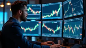 Professional trader analyzing stock charts on multiple high-resolution monitors in modern office, focused expression, financial data displays glowing, sophisticated technology setup