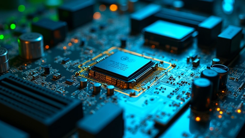 Close-up of computer motherboard with glowing circuits and processors, high-tech manufacturing clean room environment, blue and green lighting reflecting on metallic surfaces