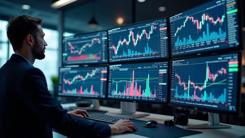 Professional investor analyzing technology stock charts on multiple monitors displaying real-time market data and financial metrics in modern trading office