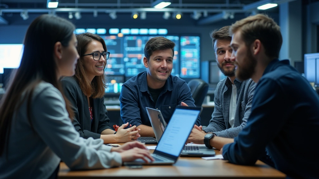 Diverse group of technology professionals collaborating in modern office environment with servers and networking equipment visible in background, collaborative tech workspace