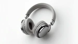High-end wireless headphones with premium materials, metallic finishes, and comfortable ear cup design displayed on minimalist white background, photorealistic detail showing texture and build quality