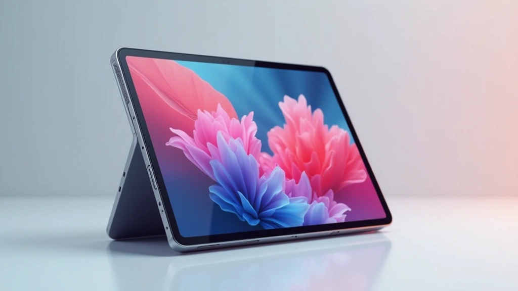 Sleek tablet device with vibrant display showing creative design software interface, metallic frame and thin bezels, positioned at slight angle against neutral gradient background
