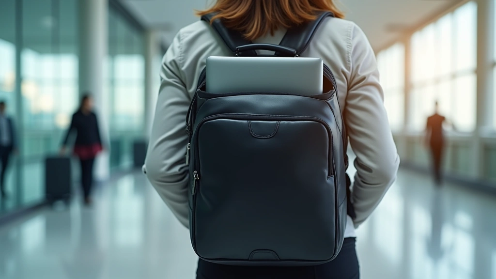 Professional traveler wearing a sleek black tech backpack with laptop visible in compartment, standing in modern airport terminal with natural lighting