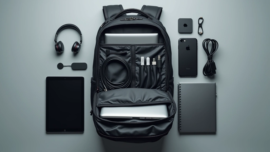 Flat lay photography of open tech backpack showing organized compartments with laptop, tablet, cables, and accessories neatly arranged, professional studio lighting
