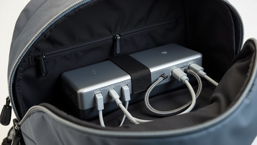 Close-up detail shot of backpack featuring padded laptop sleeve, water-resistant zipper, and cable management system with multiple device cables organized