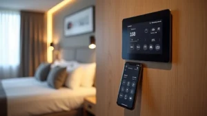 Modern hotel room with sleek smart home control panel on wall, smartphone displaying room controls on nightstand, contemporary minimalist design with clean lines, warm ambient lighting, professional photography