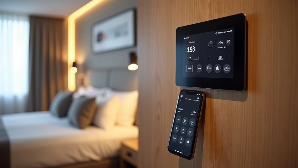 Modern hotel room with sleek smart home control panel on wall, smartphone displaying room controls on nightstand, contemporary minimalist design with clean lines, warm ambient lighting, professional photography