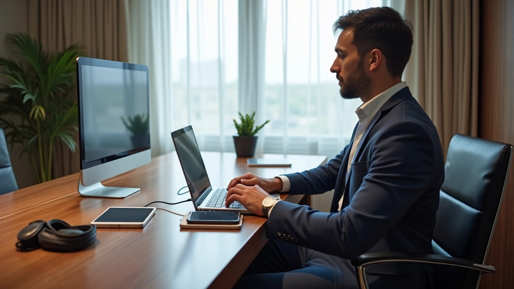 Business traveler sitting at hotel desk with laptop, multiple devices charging wirelessly, high-speed internet connection active, professional work environment, natural daylight from window, focused and productive