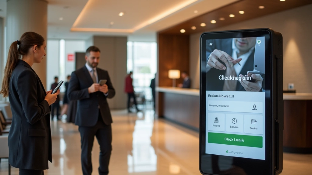 Hotel lobby featuring contemporary digital check-in kiosk, modern receptionist area with technology integration, clean architectural design, professional hospitality setting, guests using mobile phones for check-in, bright well-lit space