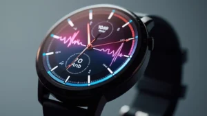High-end smartwatch display showing fitness metrics and heart rate data, close-up of colorful AMOLED screen with time and health widgets, professional product photography against neutral background