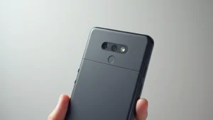 Professional product photography of Google Pixel 9 smartphone showing sleek design with horizontal camera bar, held at angle against neutral gradient background, premium lighting highlighting matte finish