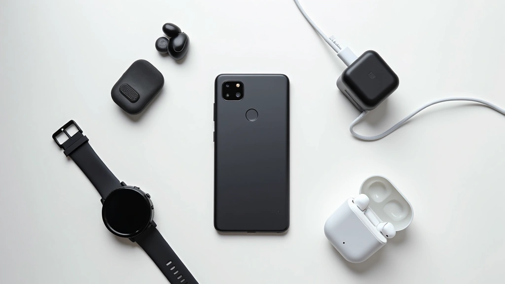 Flat lay photography of Pixel 9 smartphone surrounded by tech accessories including wireless earbuds, smartwatch, and charging cable, minimalist composition on white surface with professional studio lighting
