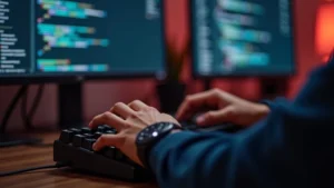 Close-up of a developer's hands typing on a mechanical keyboard with code visible on a secondary monitor, warm desk lighting, professional workspace setup, photorealistic