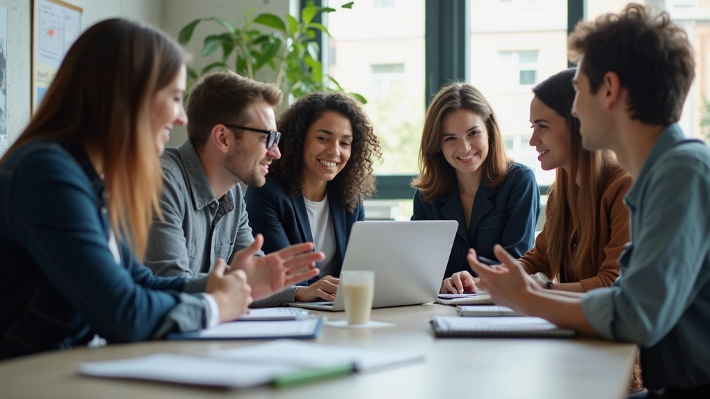 Group of diverse young professionals collaborating around a desk with laptops and notebooks, engaged discussion, modern office environment, natural lighting, no visible text or logos
