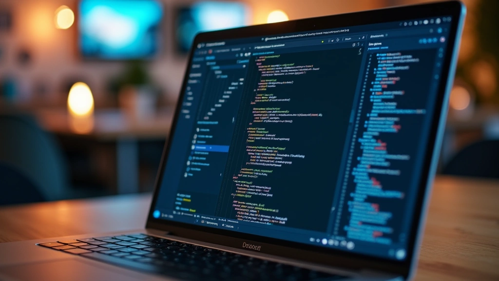 Laptop screen showing a code editor with multiple windows open, developer workspace aesthetic, blurred background, shallow depth of field, photorealistic tech environment