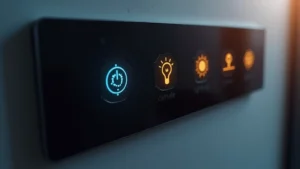 Modern smart home control panel with illuminated buttons and sleek minimalist design, showing climate and lighting controls, photorealistic close-up of interface