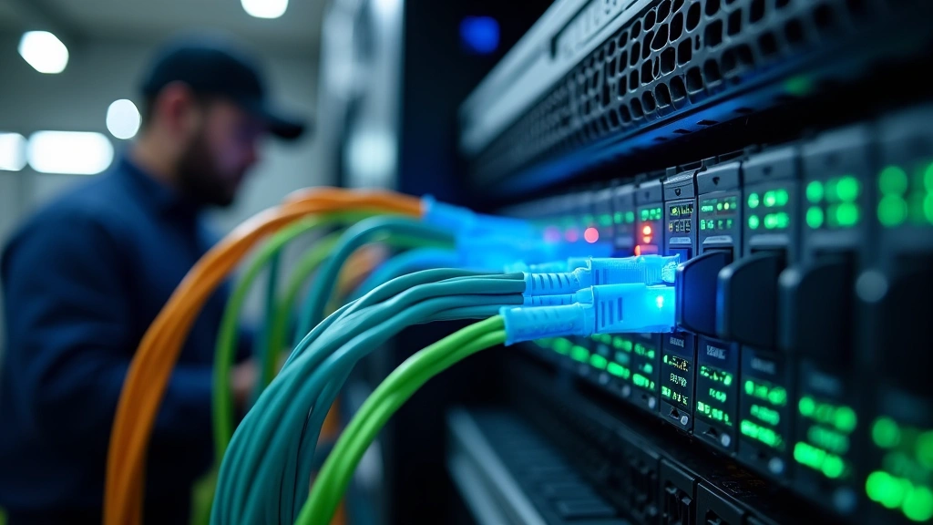 Residential community fiber optic network node installation with blue and green LED indicators, technician workspace with networking equipment, professional technical environment