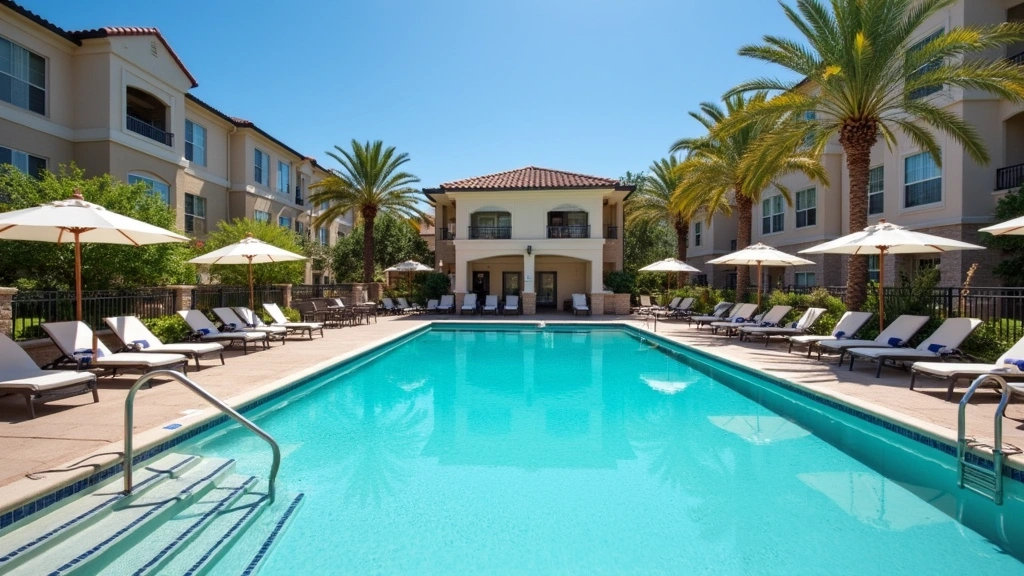 Luxury resort-style swimming pool with heated water, lounge chairs, shade structures, palm trees, residential building backdrop, clear blue water, daytime lighting, no people visible