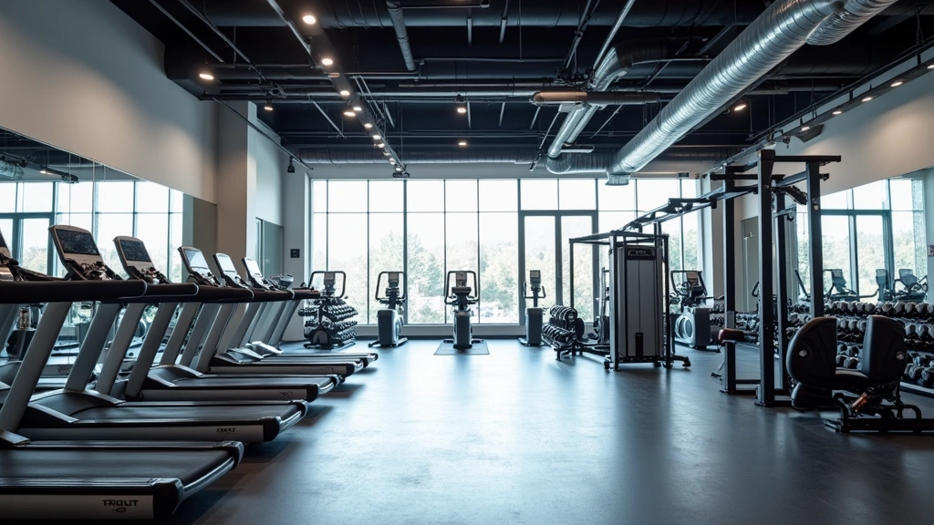 Modern fitness center interior with cardio equipment, free weights, functional training area, large windows, bright lighting, contemporary design, no brand logos visible, professional gym aesthetic