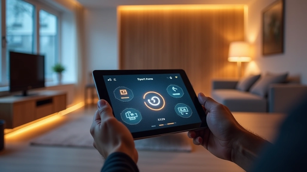 Modern apartment living room with smart home interface displayed on tablet, minimalist furniture, warm LED lighting, photorealistic, technology-focused, no text or logos visible