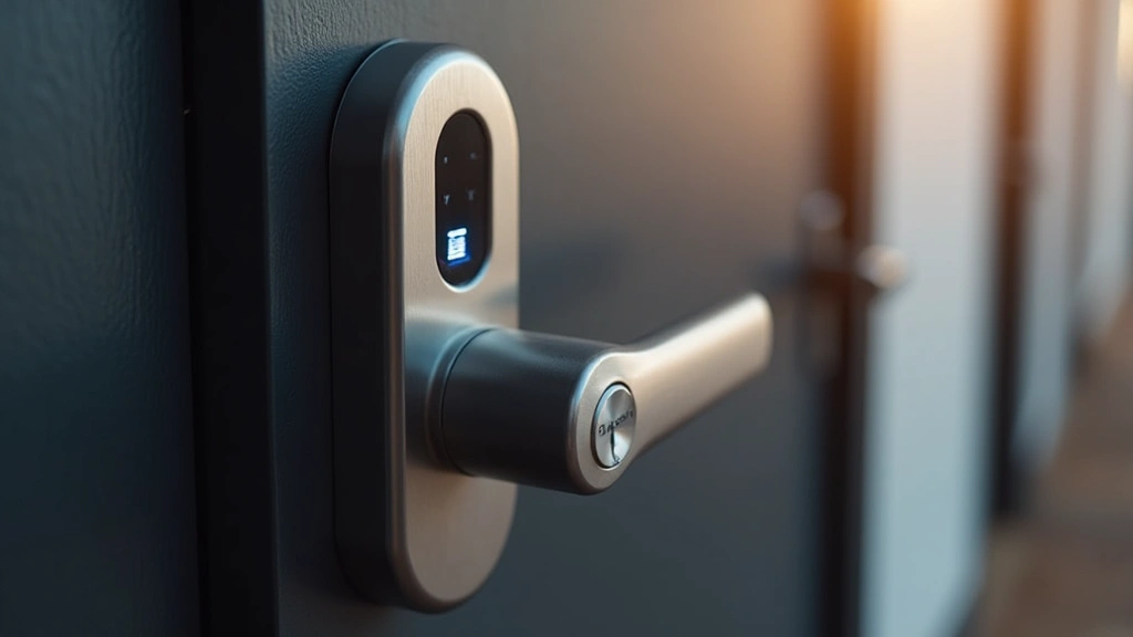 Close-up of biometric smart lock on apartment door, sleek metallic design, illuminated fingerprint sensor, professional installation, photorealistic, technology-focused, no visible text