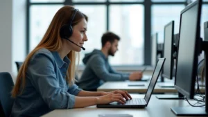Professional IT support technician at help desk wearing headset while assisting student with laptop troubleshooting in bright modern computer lab setting