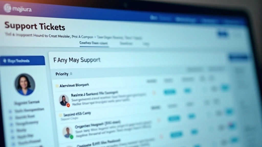 Close-up of support ticket system on computer screen showing status tracking dashboard with various issue categories and priority levels in organized interface
