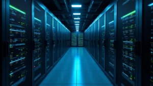 Modern enterprise data center with hybrid cloud infrastructure, server racks glowing with blue and green lights, professional tech environment, no text or logos visible