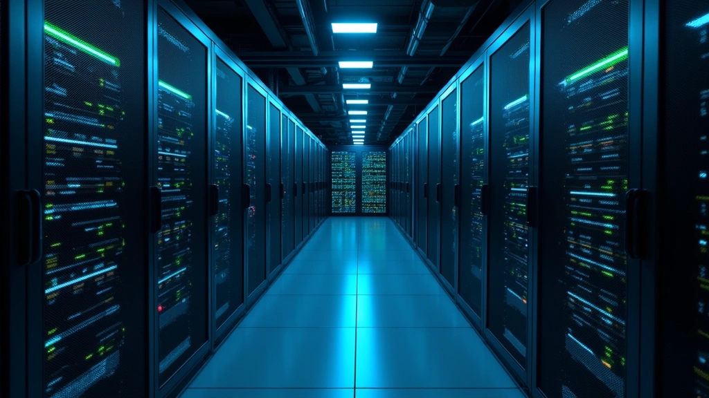 Modern enterprise data center with hybrid cloud infrastructure, server racks glowing with blue and green lights, professional tech environment, no text or logos visible